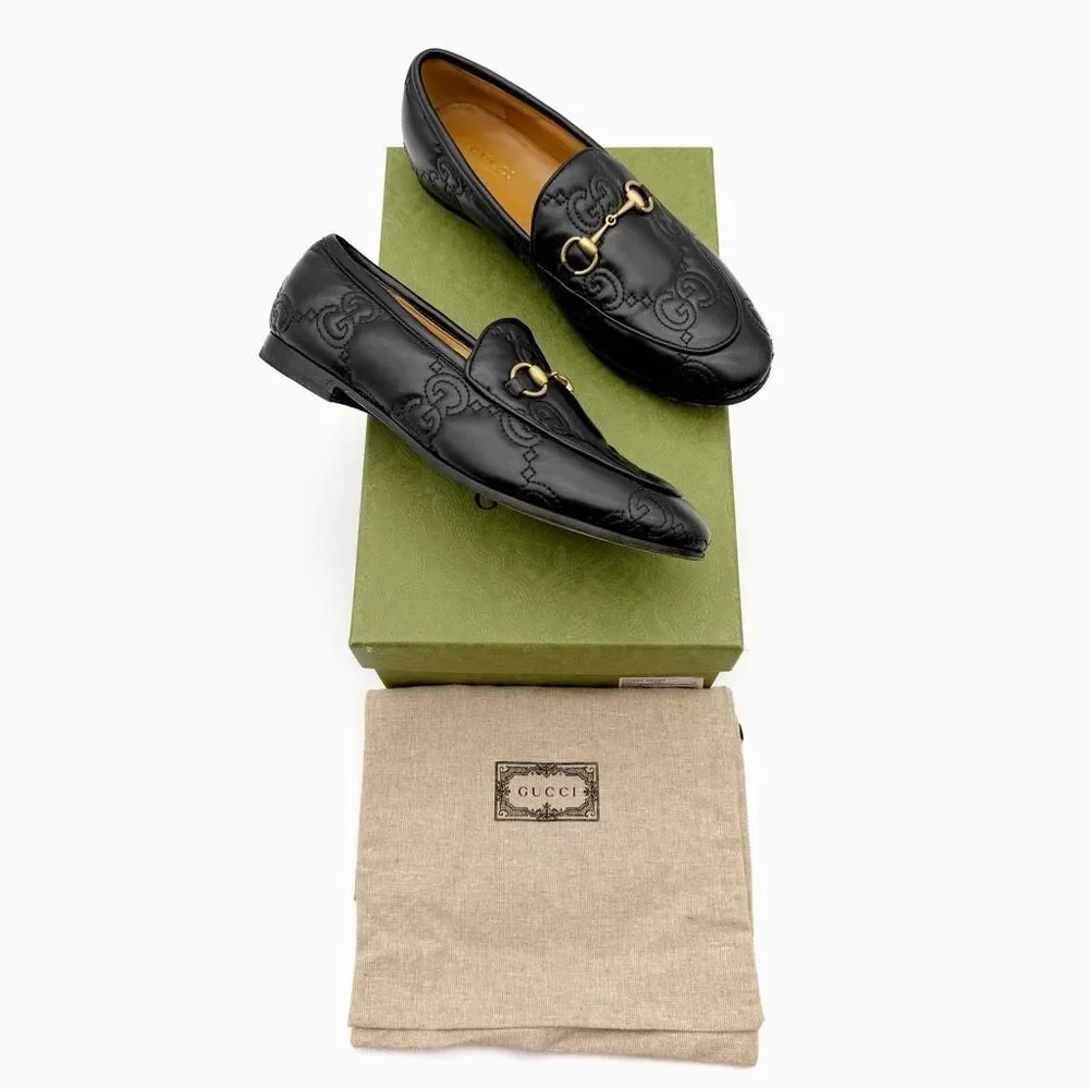 GUCCI Black Embossed Jumbo GG Leather Horsebit Jordaan Loafer Size 38 Flat